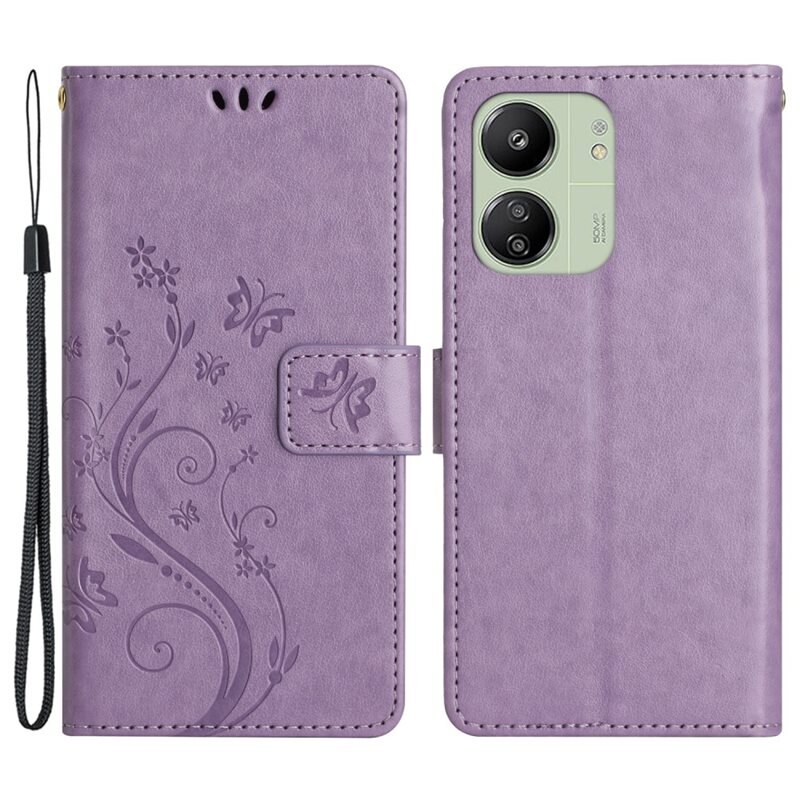 Xiaomi Redmi 13C Leren vlinderhoesje Paars - Mooi telefoonhoesje met patroontje