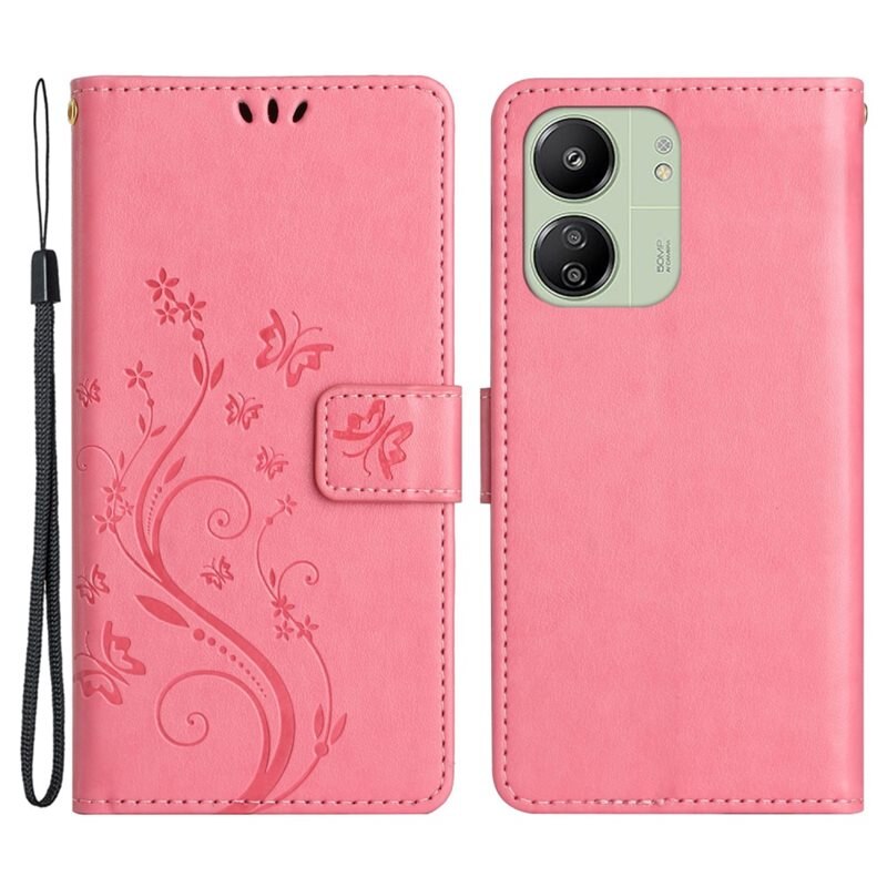 Xiaomi Redmi 13C Leren vlinderhoesje Roze - Mooi telefoonhoesje met patroontje