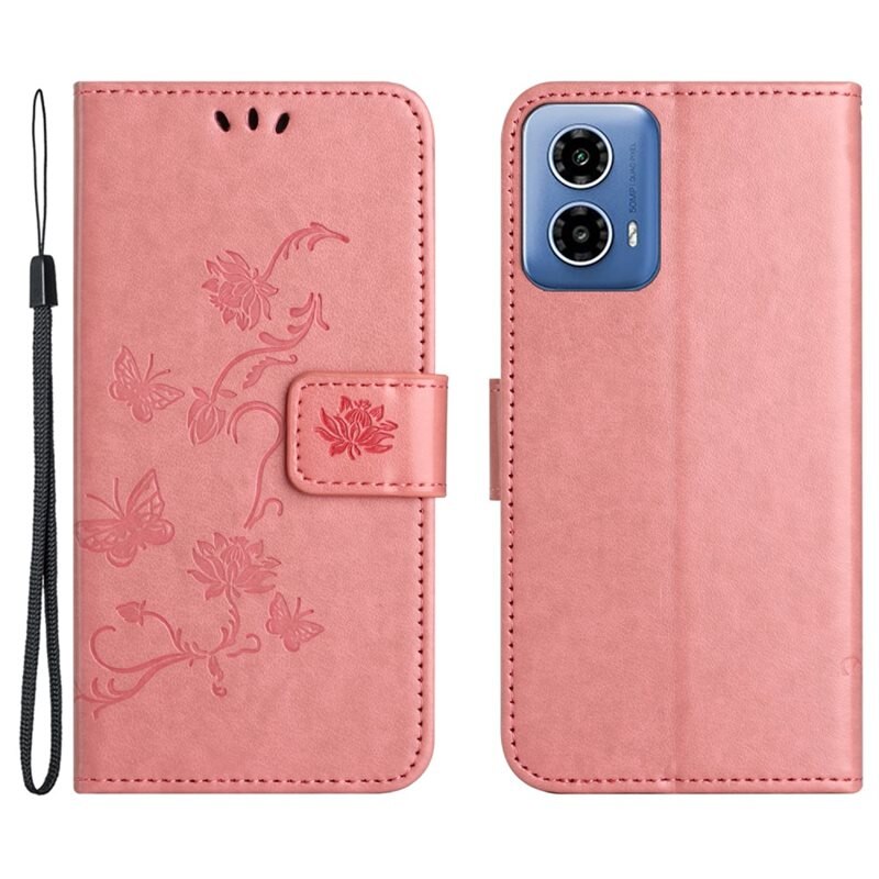 Motorola Moto G24 Leren vlinderhoesje Roze - Mooi telefoonhoesje met patroontje