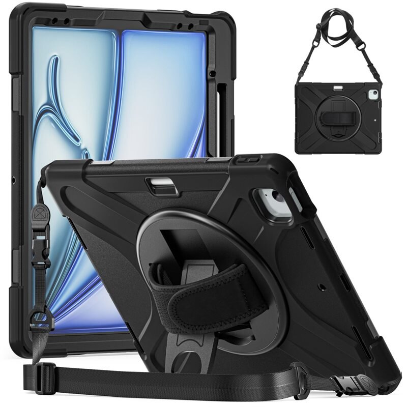 iPad Air 13 (2024) Schokbestendige Hybridcase met schouderriem zwart - Beschermende tablethoes