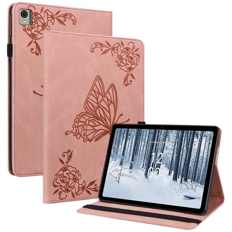Nokia T21 Leren vlinderhoesje Roze - Beschermende tablethoes met mooie print
