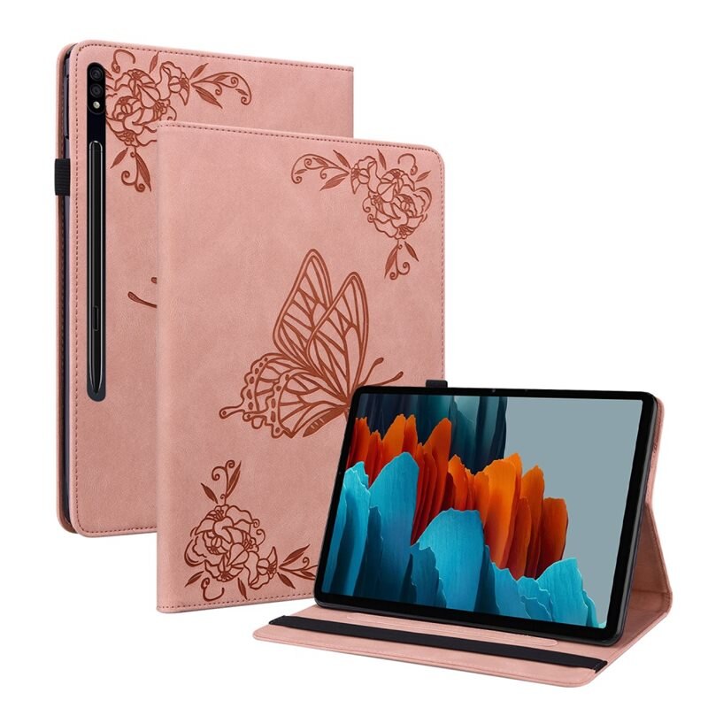 Samsung Galaxy Tab S7 Plus Leren vlinderhoesje Roze - Beschermende tablethoes met mooie print