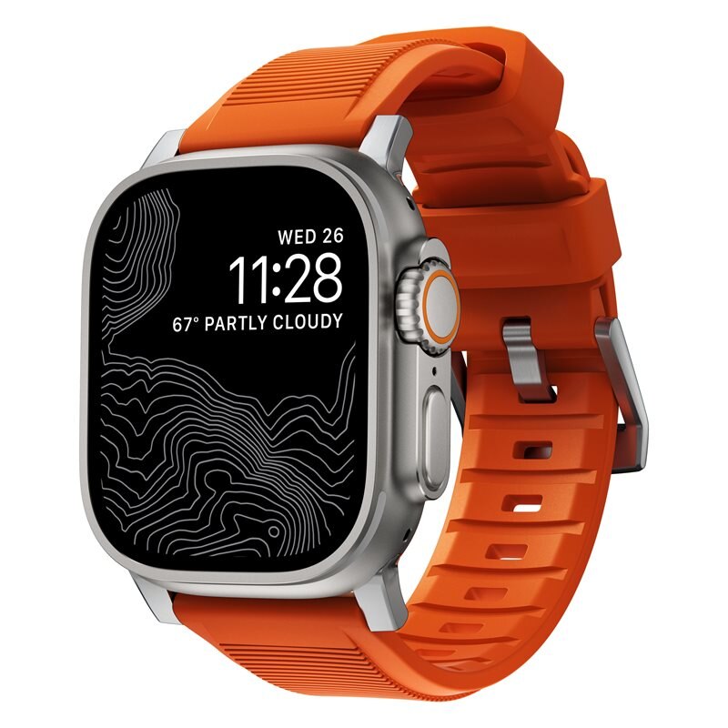 Nomad Rugged Band Apple Watch 45mm Series 9 Ultra Orange (Silver Hardware)