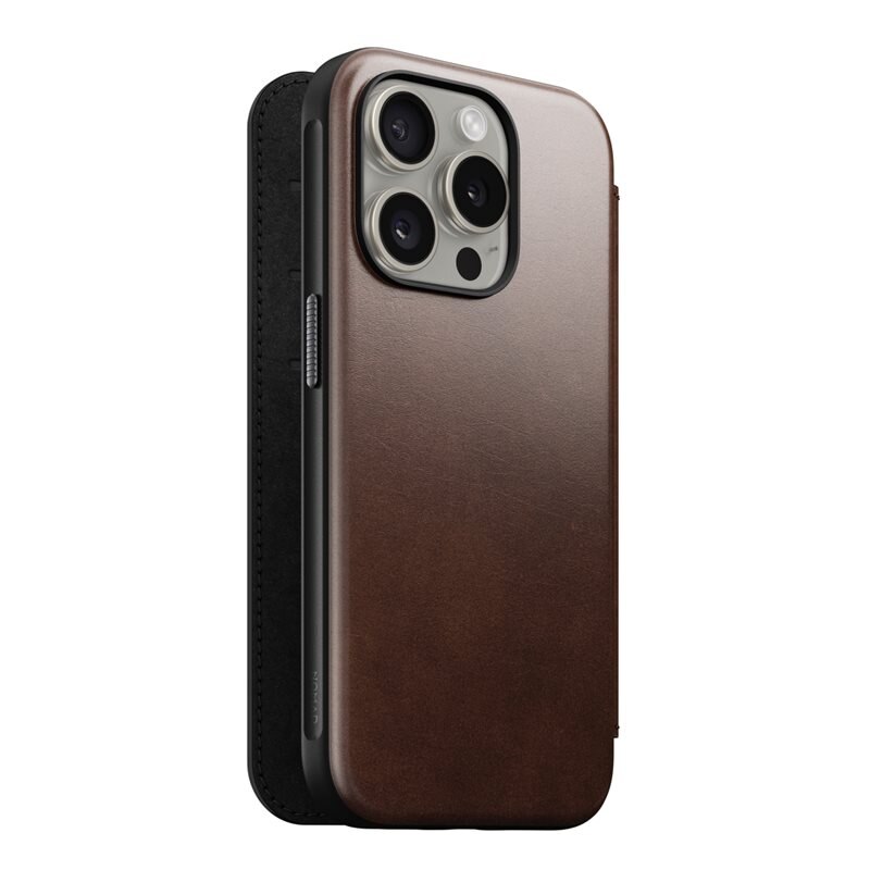 Nomad Modern Horween Leather Folio MagSafe iPhone 15 Pro Rustic Brown