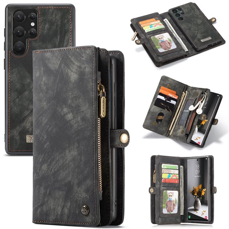CaseMe Multi-slot Hoesje Samsung Galaxy S22 Ultra Grijs - Telefoonhoesje met plek voor extra veel pasjes - Pasjeshouder