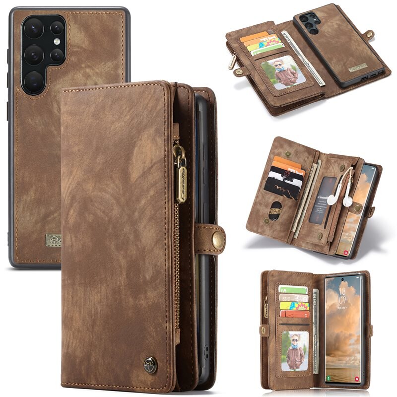 CaseMe Multi-slot Hoesje Samsung Galaxy S22 Ultra Bruin - Telefoonhoesje met plek voor extra veel pasjes - Pasjeshouder