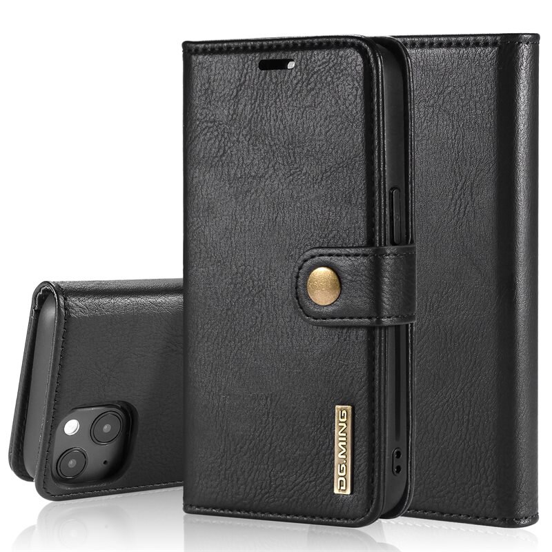 DG.MING Magnet Wallet iPhone 13 Black - Stijlvol lederen boekhoesje met afneembaar magnetisch binnenhoesje