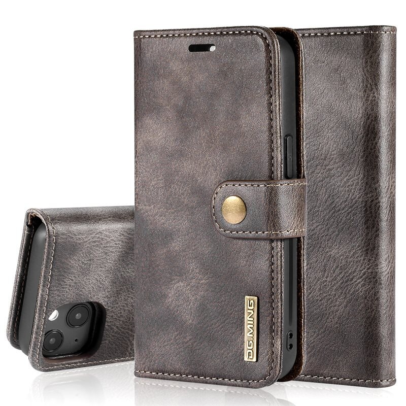 DG.MING Magnet Wallet iPhone 13 Brown - Stijlvol lederen boekhoesje met afneembaar magnetisch binnenhoesje
