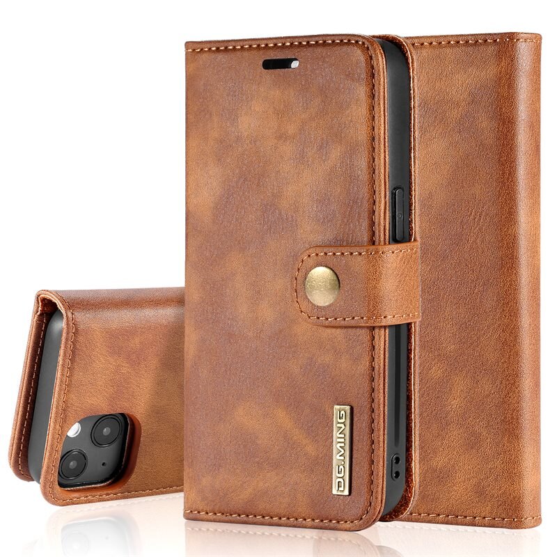 DG.MING Magnet Wallet iPhone 13 Mini Cognac - Stijlvol lederen boekhoesje met afneembaar magnetisch binnenhoesje