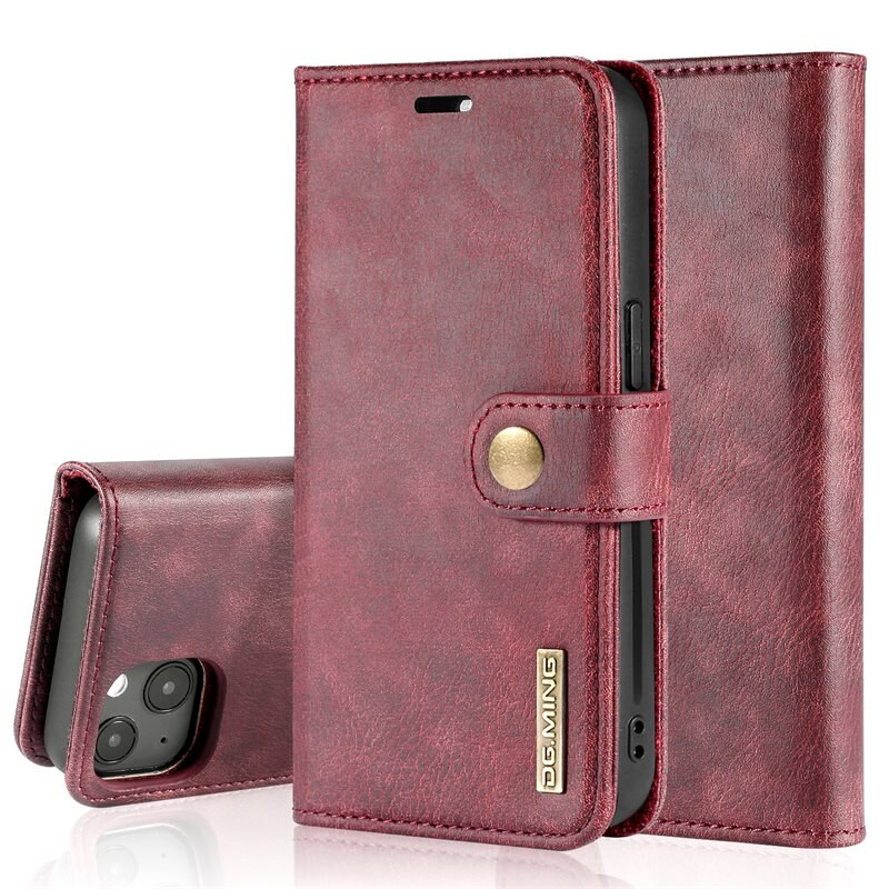 DG.MING Magnet Wallet iPhone 13 Red - Stijlvol lederen boekhoesje met afneembaar magnetisch binnenhoesje
