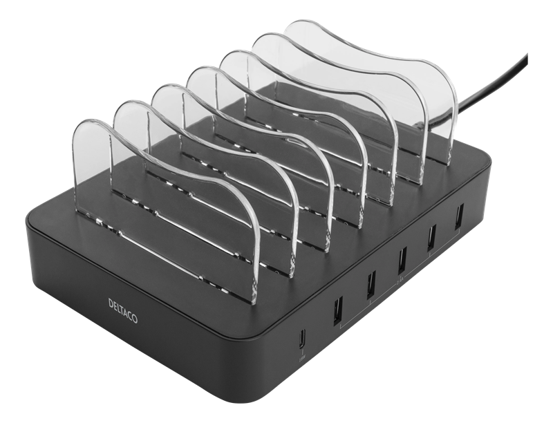Deltaco Oplaadstation voor 6 apparaten, 5x USB-A, 1x USB-C 50W zwart