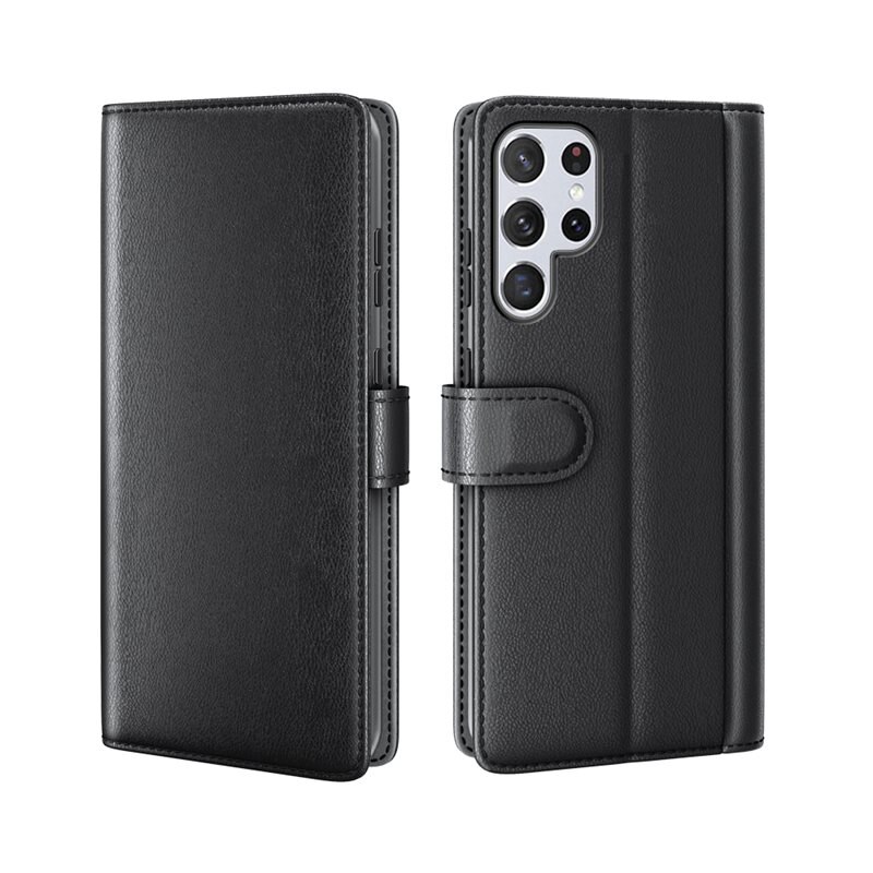 Samsung Galaxy S22 Ultra Echt lederen hoesje Zwart - Klassiek boekhoesje met plek voor briefgeld en pasjes
