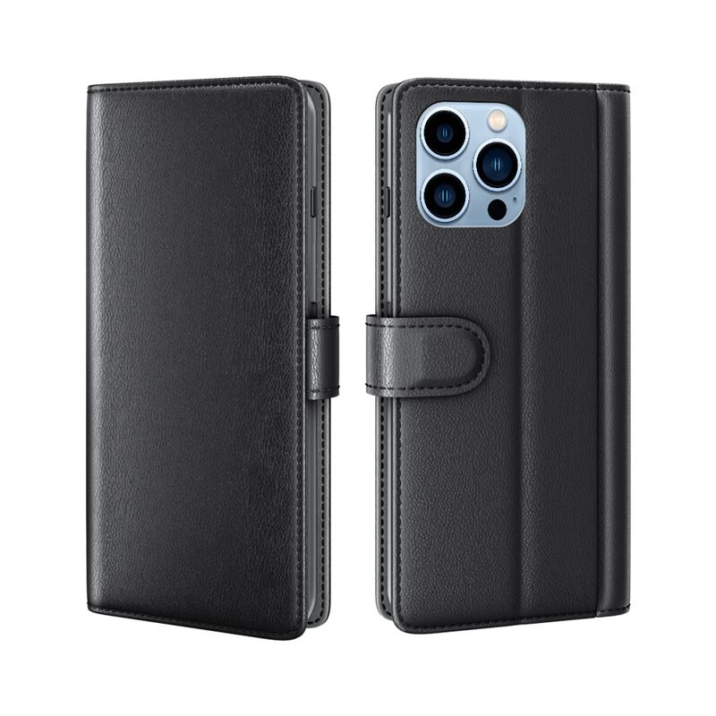 iPhone 14 Pro Echt lederen hoesje Zwart - Klassiek boekhoesje met plek voor briefgeld en pasjes