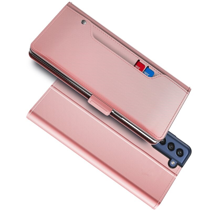 Samsung Galaxy S21 FE Bookcover Hoesje met Spiegel Roze goud - Telefoonhoesje met plek voor pasjes en briefgeld