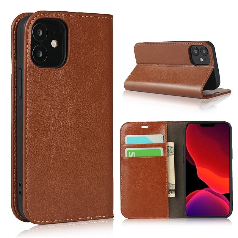 iPhone Xr Mobielhoesje Echt Leer Bruin - Dun hoesje met kaartvak en standaardfunctie
