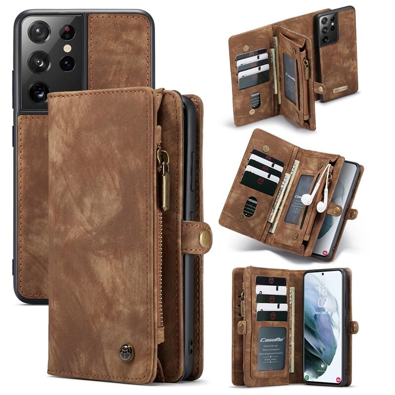 CaseMe Multi-slot Hoesje Samsung Galaxy S21 Ultra Bruin - Telefoonhoesje met plek voor extra veel pasjes - Pasjeshouder