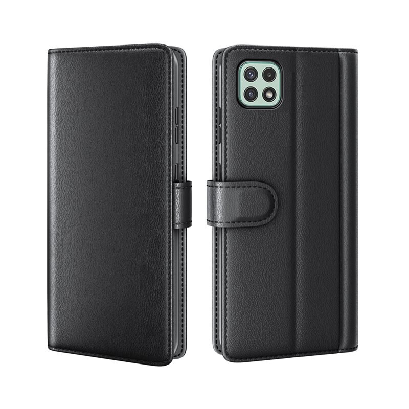 Samsung Galaxy A22 5G Echt lederen hoesje Zwart - Klassiek boekhoesje met plek voor briefgeld en pasjes