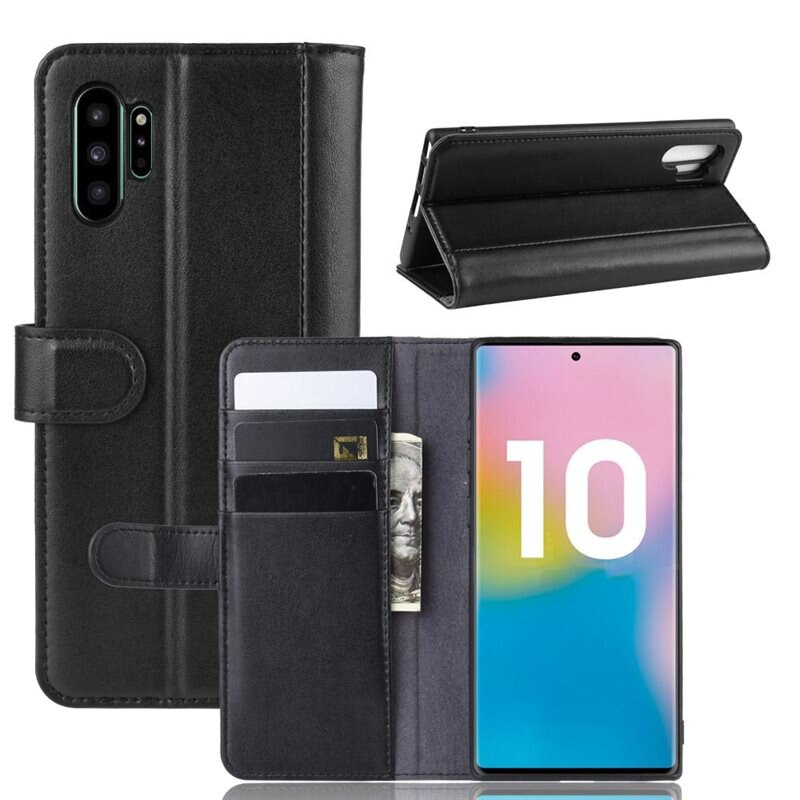 Samsung Galaxy Note 10 Plus Echt lederen hoesje Zwart - Klassiek boekhoesje met plek voor briefgeld en pasjes