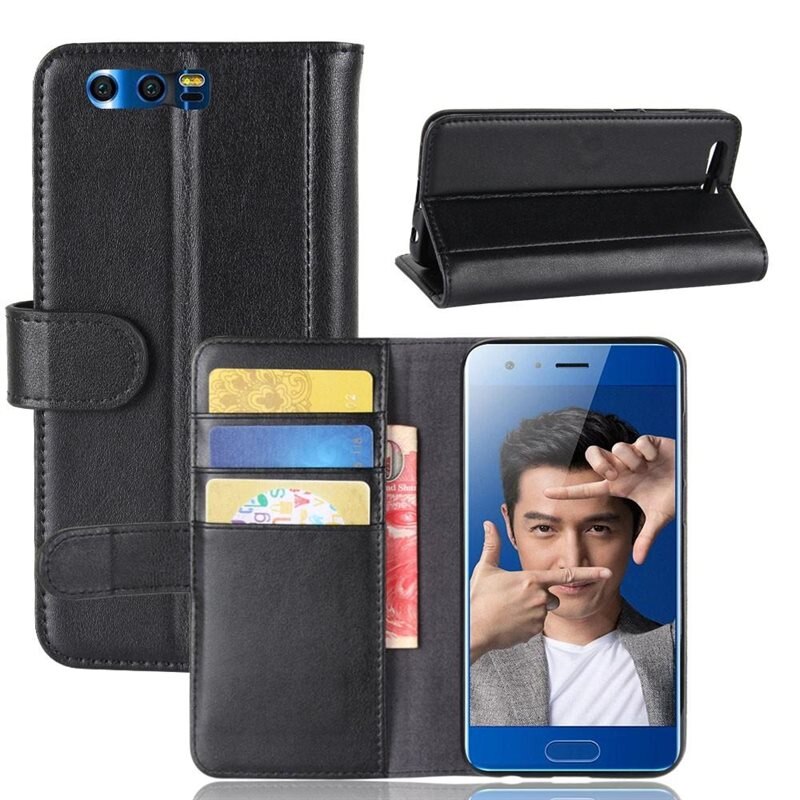 Huawei Honor 9 Echt lederen hoesje Zwart - Klassiek boekhoesje met plek voor briefgeld en pasjes