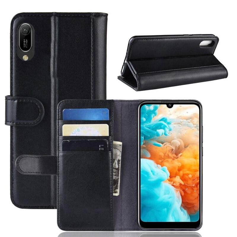 Huawei Y6 2019 Echt lederen hoesje Zwart - Klassiek boekhoesje met plek voor briefgeld en pasjes