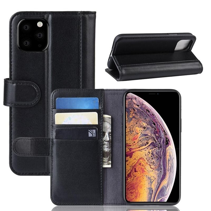 iPhone 11 Pro Max Echt lederen hoesje Zwart - Klassiek boekhoesje met plek voor briefgeld en pasjes