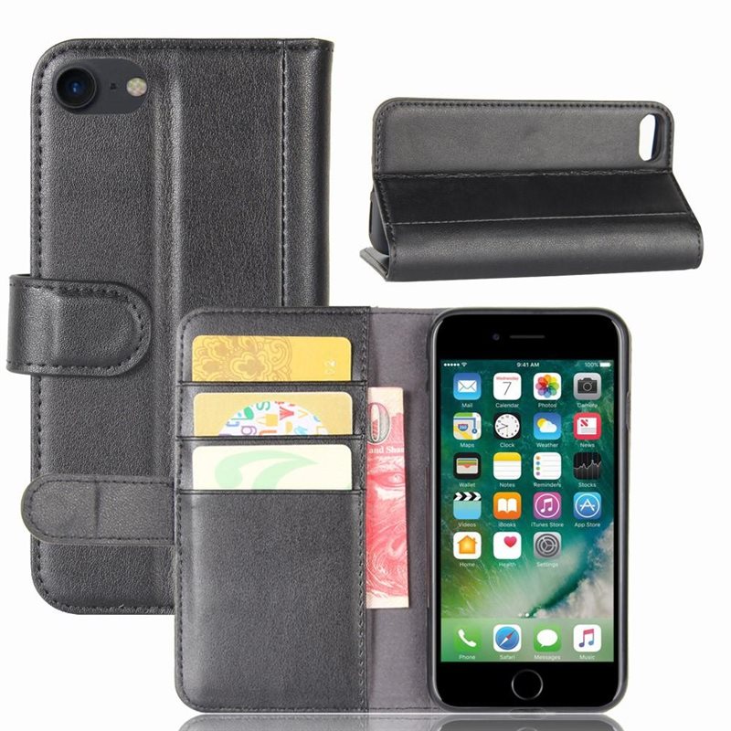 iPhone 7 Plus/iPhone 8 Plus Echt lederen hoesje Zwart - Klassiek boekhoesje met plek voor briefgeld en pasjes