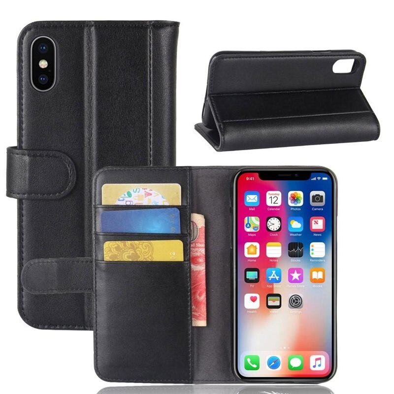iPhone X/XS Echt lederen hoesje Zwart - Klassiek boekhoesje met plek voor briefgeld en pasjes