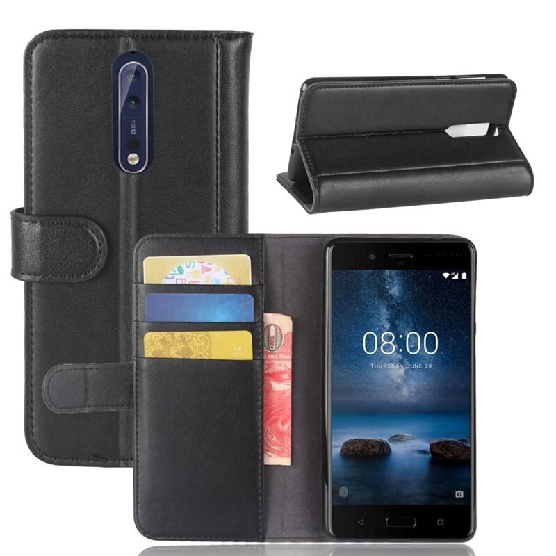 Nokia 8 Echt lederen hoesje Zwart - Klassiek boekhoesje met plek voor briefgeld en pasjes