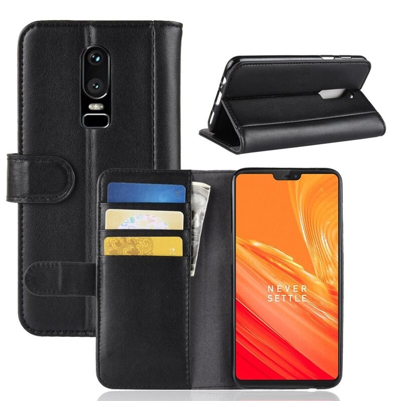 OnePlus 6 Echt lederen hoesje Zwart - Klassiek boekhoesje met plek voor briefgeld en pasjes