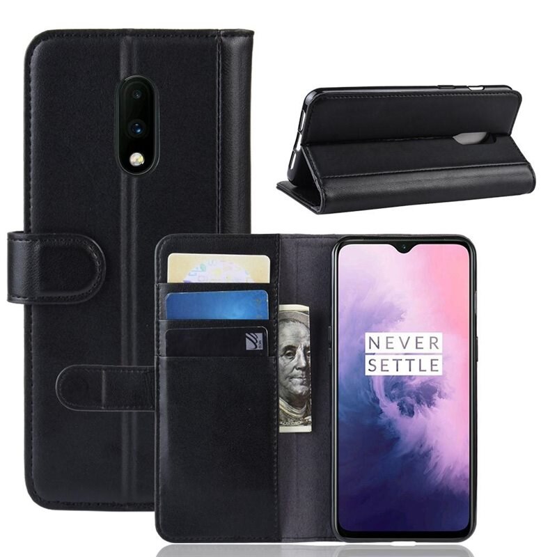 OnePlus 7 Echt lederen hoesje Zwart - Klassiek boekhoesje met plek voor briefgeld en pasjes