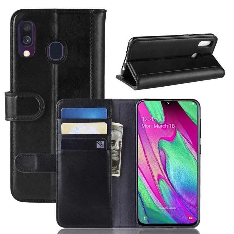 Samsung Galaxy A40 Echt lederen hoesje Zwart - Klassiek boekhoesje met plek voor briefgeld en pasjes