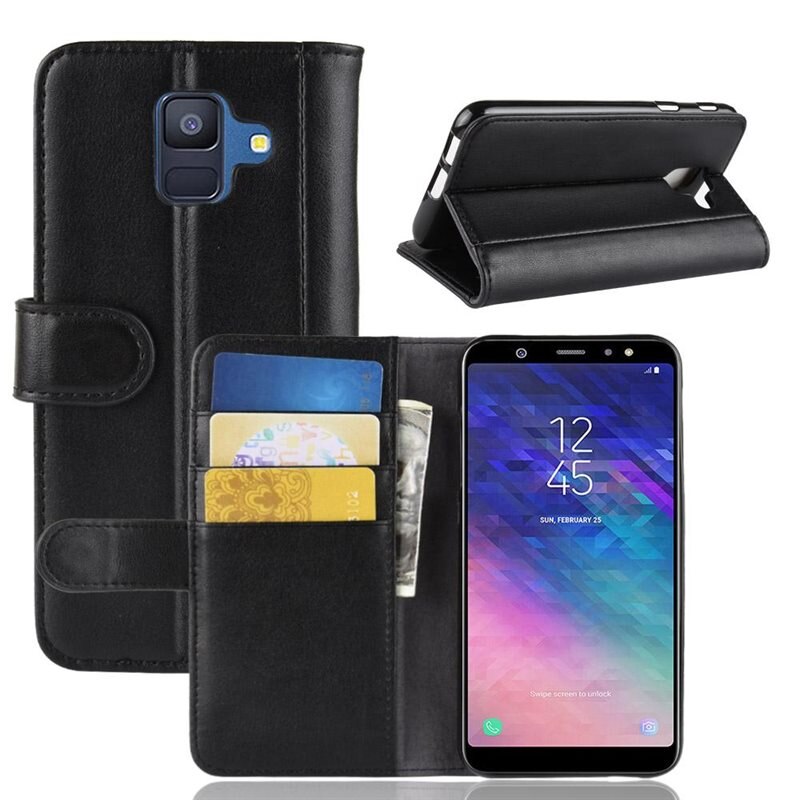 Samsung Galaxy A6 2018 Echt lederen hoesje Zwart - Klassiek boekhoesje met plek voor briefgeld en pasjes