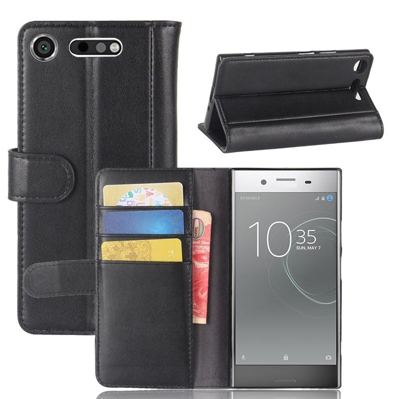 Sony Xperia XZ1 Echt lederen hoesje Zwart - Klassiek boekhoesje met plek voor briefgeld en pasjes