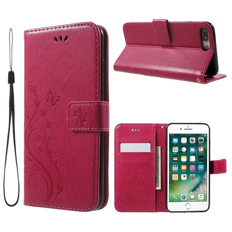 iPhone 7 Plus/iPhone 8 Plus Leren vlinderhoesje Roze - Mooi telefoonhoesje met patroontje