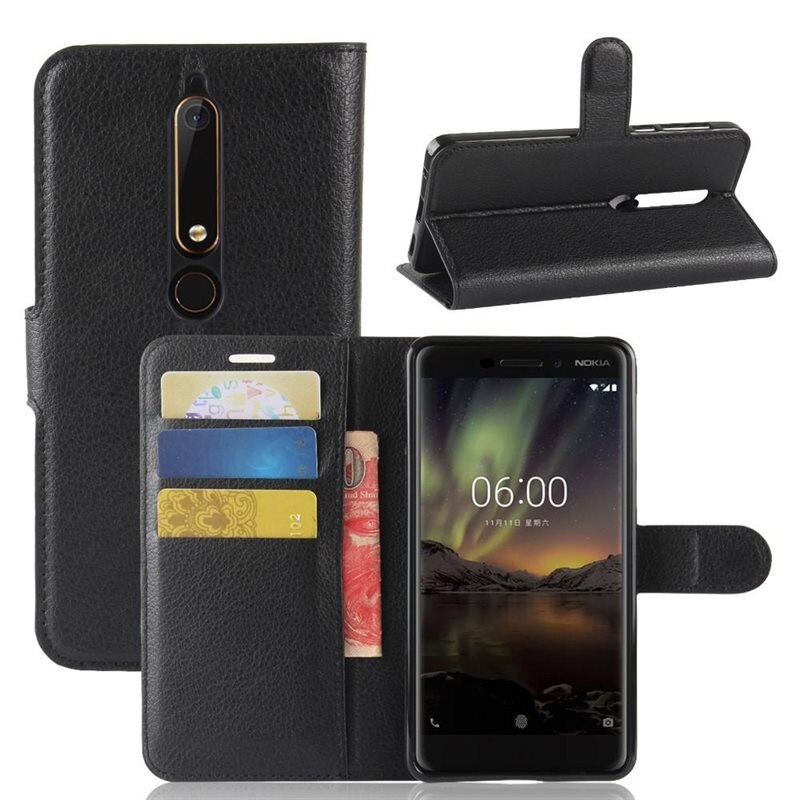 Nokia 6.1 2018 Smartphonehoesje Zwart - Portemonneehoesje met kaartvak en ingebouwde standaardfunctie