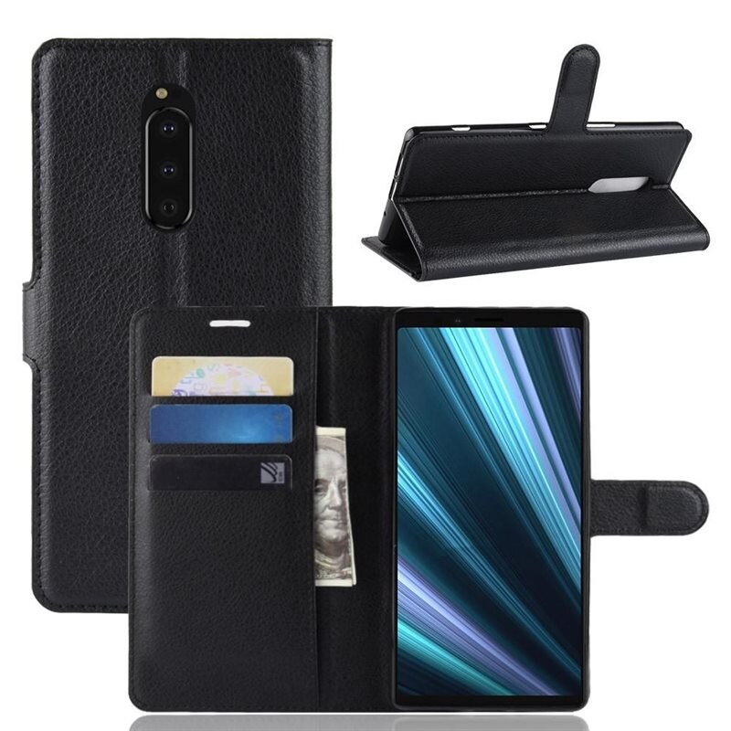 Sony Xperia 1 Smartphonehoesje Zwart - Portemonneehoesje met kaartvak en ingebouwde standaardfunctie