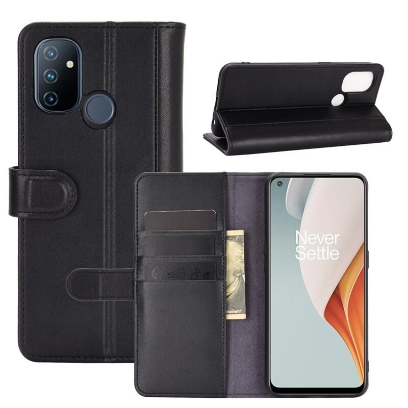 OnePlus Nord N100 Echt lederen hoesje Zwart - Klassiek boekhoesje met plek voor briefgeld en pasjes