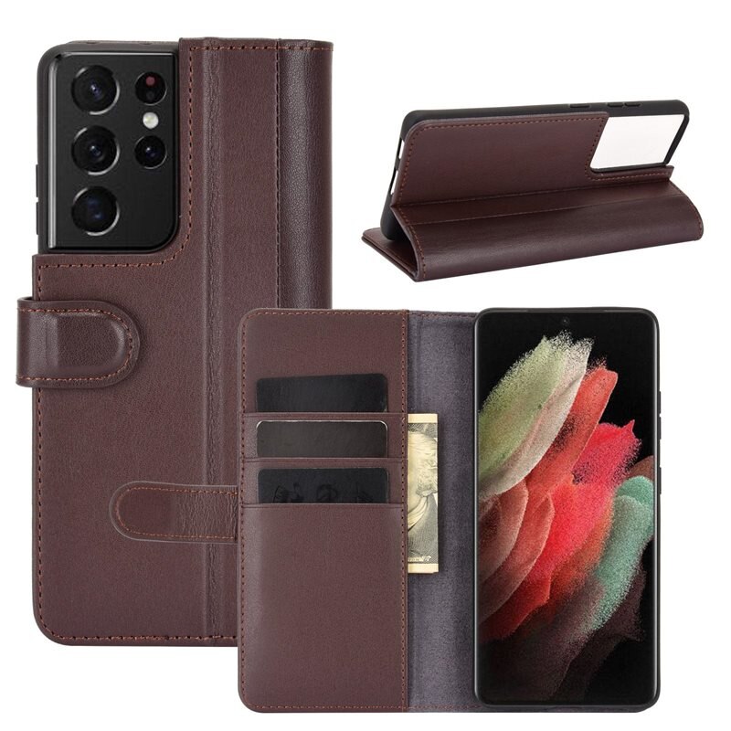 Samsung Galaxy S21 Ultra Echt lederen hoesje Bruin - Klassiek boekhoesje met plek voor briefgeld en pasjes