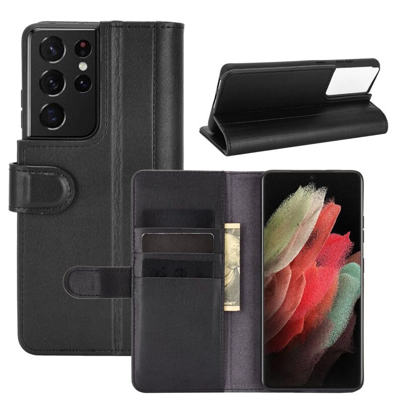 Samsung Galaxy S21 Ultra Echt lederen hoesje Zwart - Klassiek boekhoesje met plek voor briefgeld en pasjes