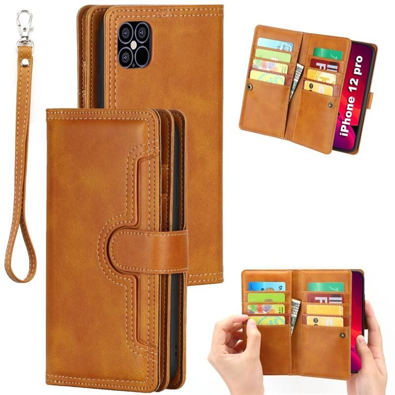 iPhone 12/12 Pro Leren Bookcover hoesje Multi-Slot Cognac - Telefoonhoesje - Boekhoesje - Pasjeshouder