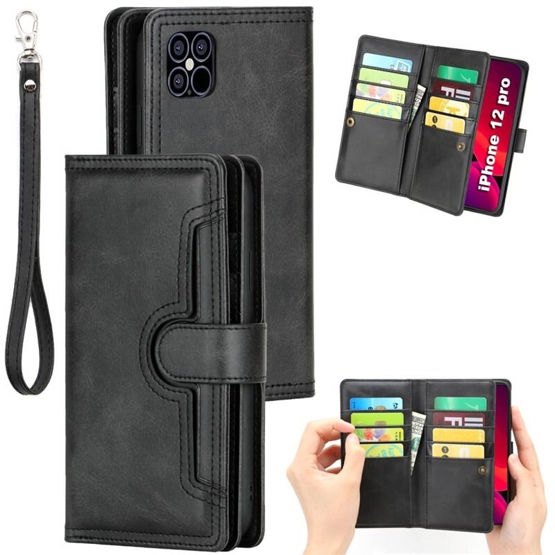 iPhone 12/12 Pro Leren Bookcover hoesje Multi-Slot Zwart - Telefoonhoesje - Boekhoesje - Pasjeshouder