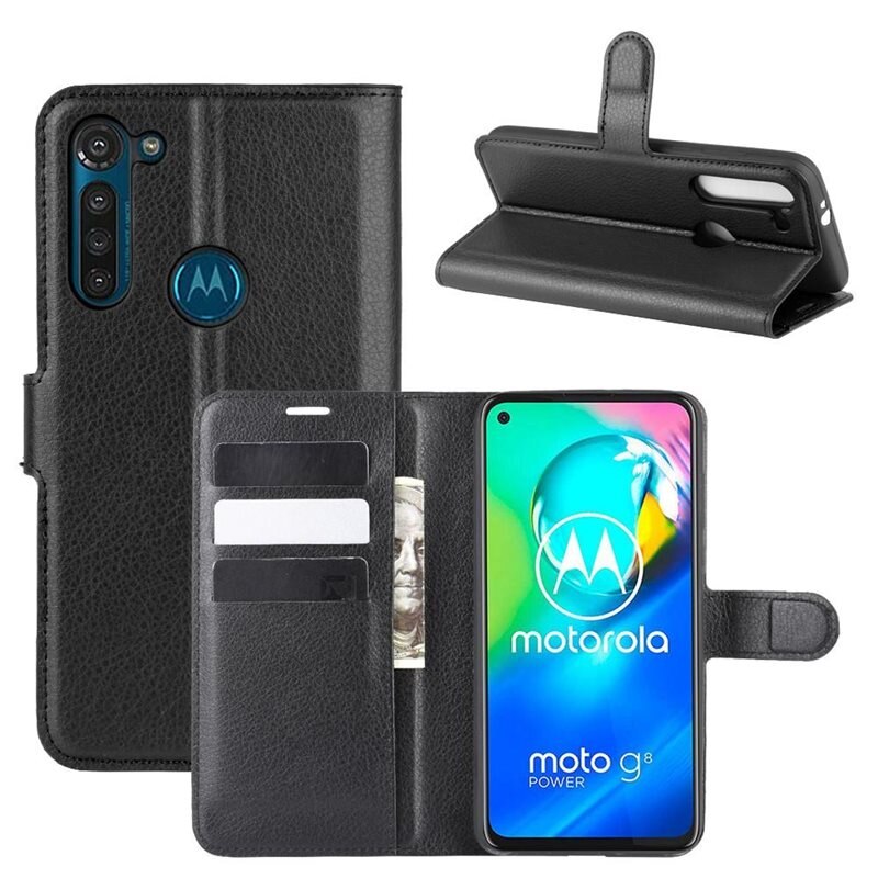 Motorola Moto G8 Power Smartphonehoesje Zwart - Portemonneehoesje met kaartvak en ingebouwde standaardfunctie