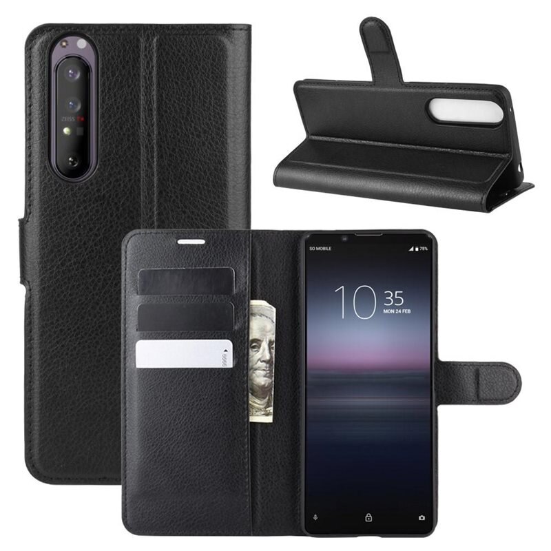 Sony Xperia 1 II Smartphonehoesje Zwart - Portemonneehoesje met kaartvak en ingebouwde standaardfunctie