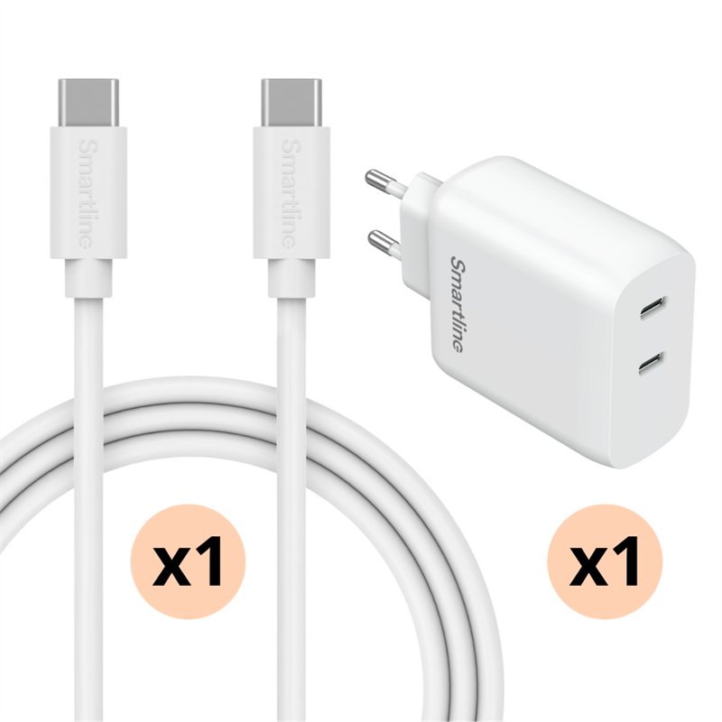 Premium oplader voor Google Pixel 8a - 2 meter kabel & Dual adapter USB-C 35W - Smartline - Sterke oplader met lange kabel en twee USB-C-poorten