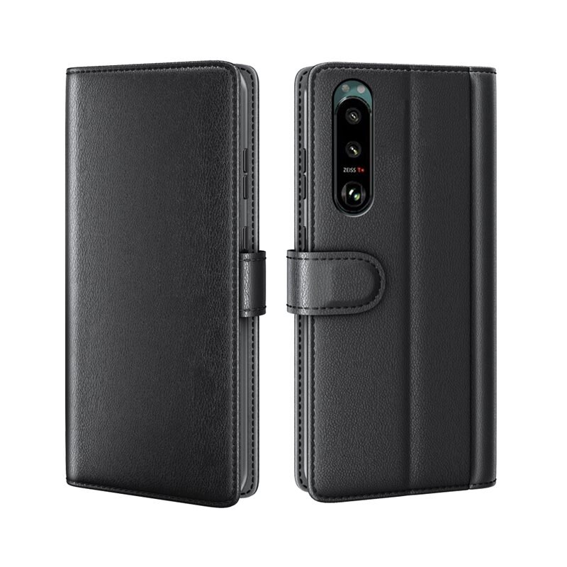 Sony Xperia 5 III Echt lederen hoesje Zwart - Klassiek boekhoesje met plek voor briefgeld en pasjes