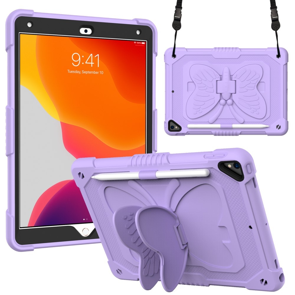 iPad 10.2 8th Gen (2020) Vlinders Hybridcase met schouderriem paars