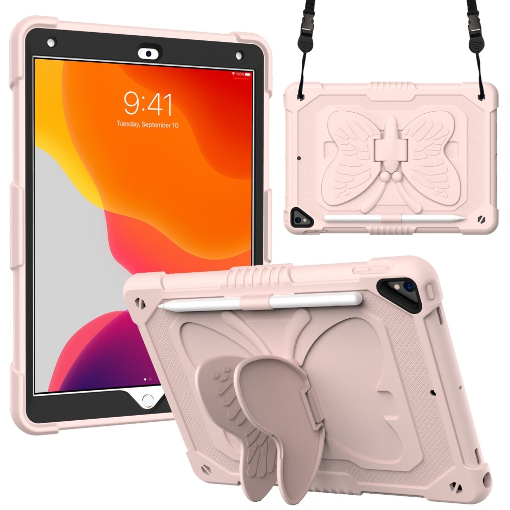 iPad 10.2 8th Gen (2020) Vlinders Hybridcase met schouderriem roze