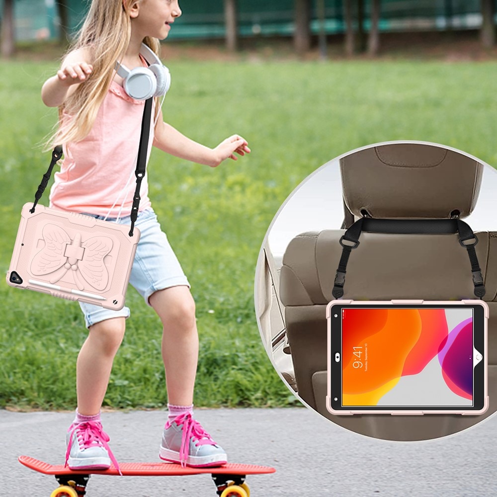 iPad 10.2 7th Gen (2019) Vlinders Hybridcase met schouderriem roze