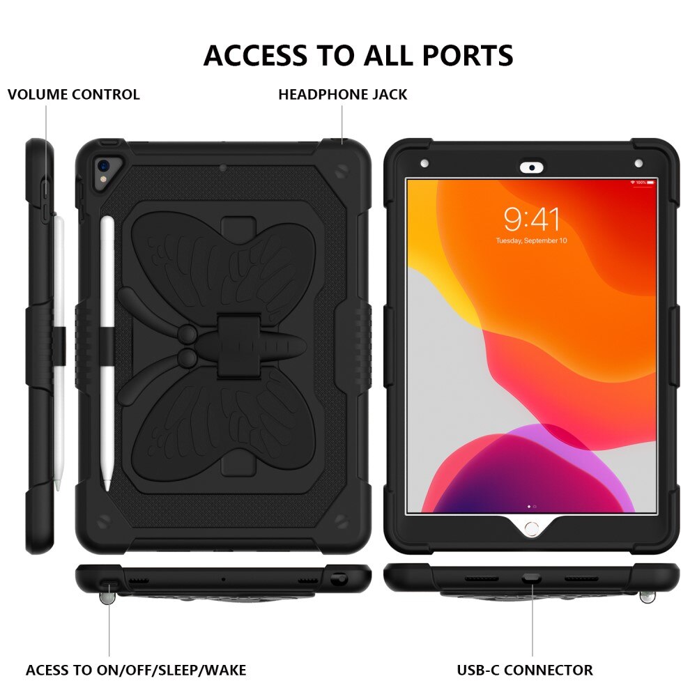 iPad 10.2 9th Gen (2021) Vlinders Hybridcase met schouderriem zwart