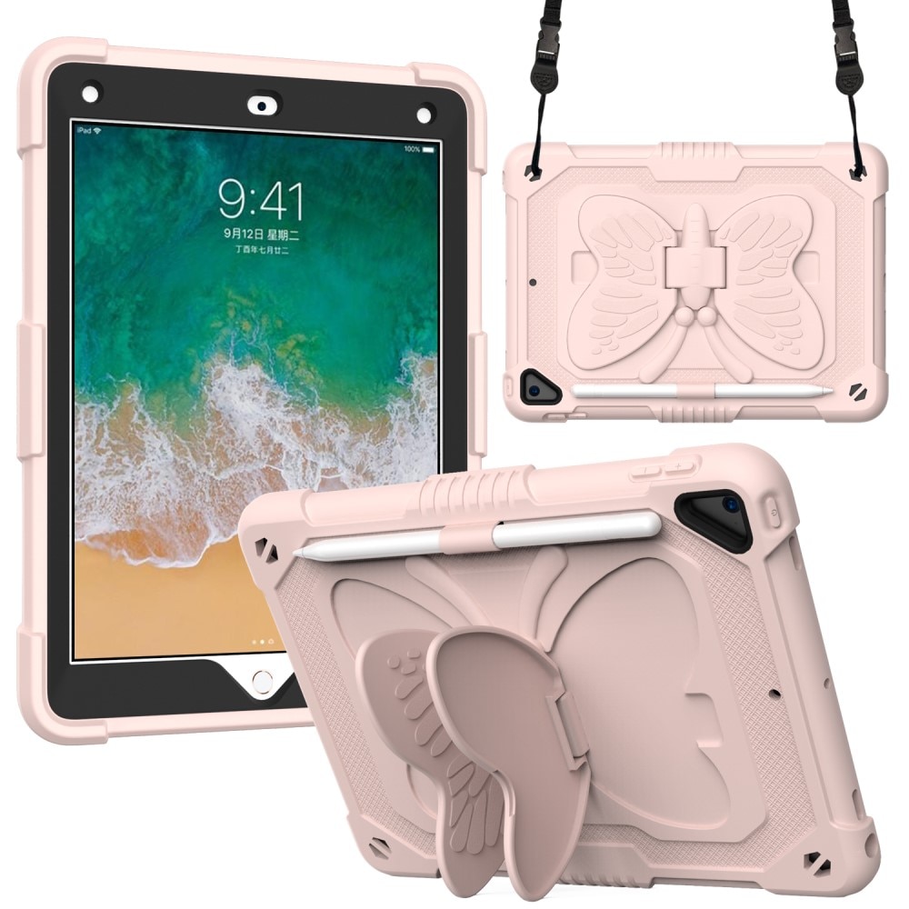 iPad 9.7 6th Gen (2018) Vlinders Hybridcase met schouderriem roze